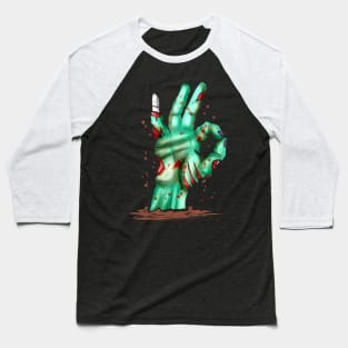 Zombie Hand Out Of Grave Showing Excellent Sign Halloween Baseball T-Shirt